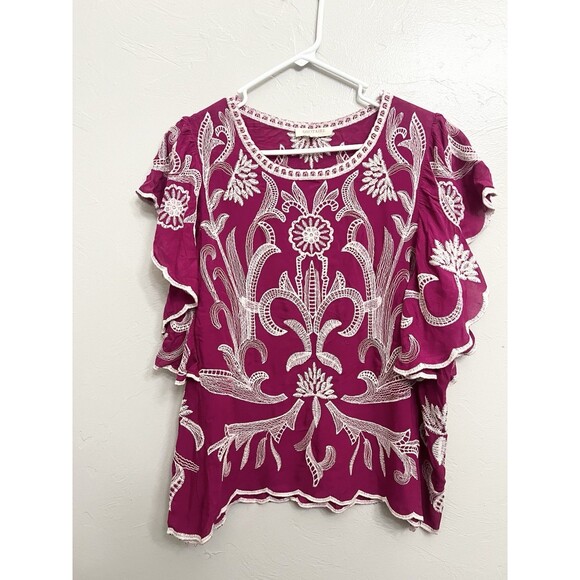 Solitaire Blouse Large Pink Embroidered Boho Crochet Shirt Festival Hippie Top - Picture 2 of 9